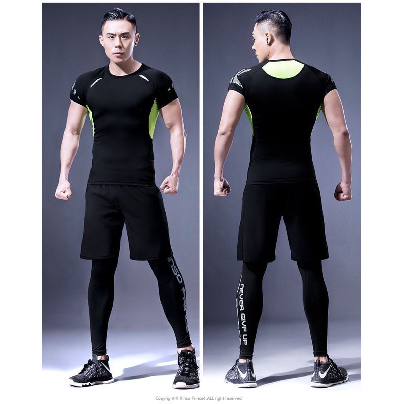 พร้องส่ง ชุดกีฬาสำหรับผู้ชาย รัดกล้ามเนื้อ เซต2ชิ้น แขนสั้น+กางเกงขาสั้น  ฟิตเนส/เทรนนิ่ง/วิ่ง/ปั่นจักรยาน /ว่ายน้ำ - รูปที่ 4