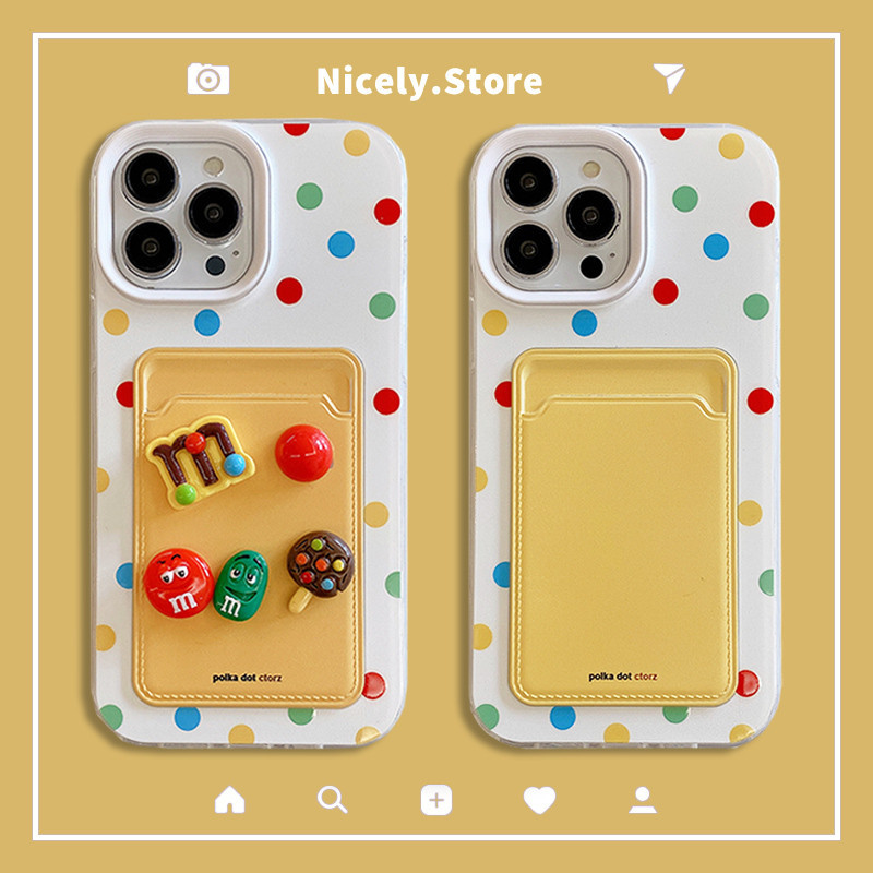 แฟชั่น 3 in 1 สีสัน จุดคลื่น 3D M & M ช็อกโกแลตการ์ดกระเป๋าเคสโทรศัพท์สําหรับ iPhone 15 14 Plus 13 12 11 Pro Max Xs Xr X 8 7 SE2020 Big Hole กันกระแทกปลอกมือถือ