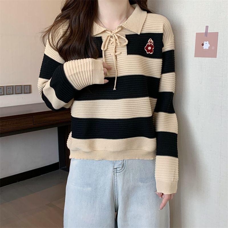 LuneGraceเสื้อไหมพรมแขนยาวลายทาง คอปกปักลายเชือกผูกโบว์ รูปที่ 5