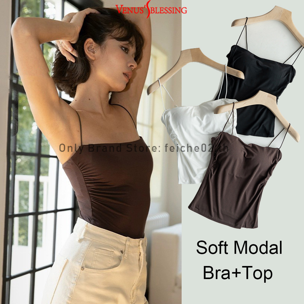 S-xl สาวเผ็ด Modal-material พร้อมแผ่นรองหน้าอก ruffled Camisoles สายสะพายบาง Off Shoulder top