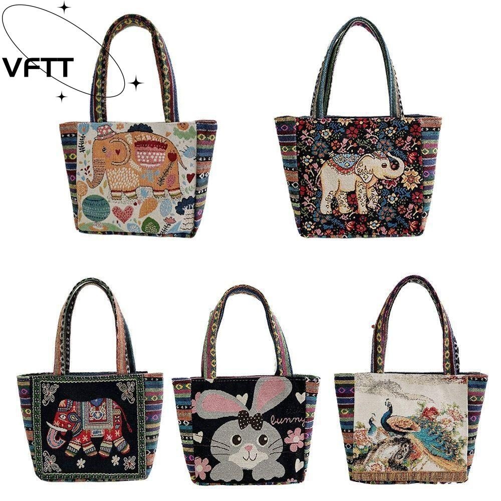Vftt 1ชิ้นกระเป๋าถือผ้าใบ,อินเทรนด์สัตว์สไตล์ชาติพันธุ์เย็บปักถักร้อยกระเป๋า,ไหล่ถุงเก็บช้างนกยูงกระต่ายสิริกระเป๋าผู้หญิง