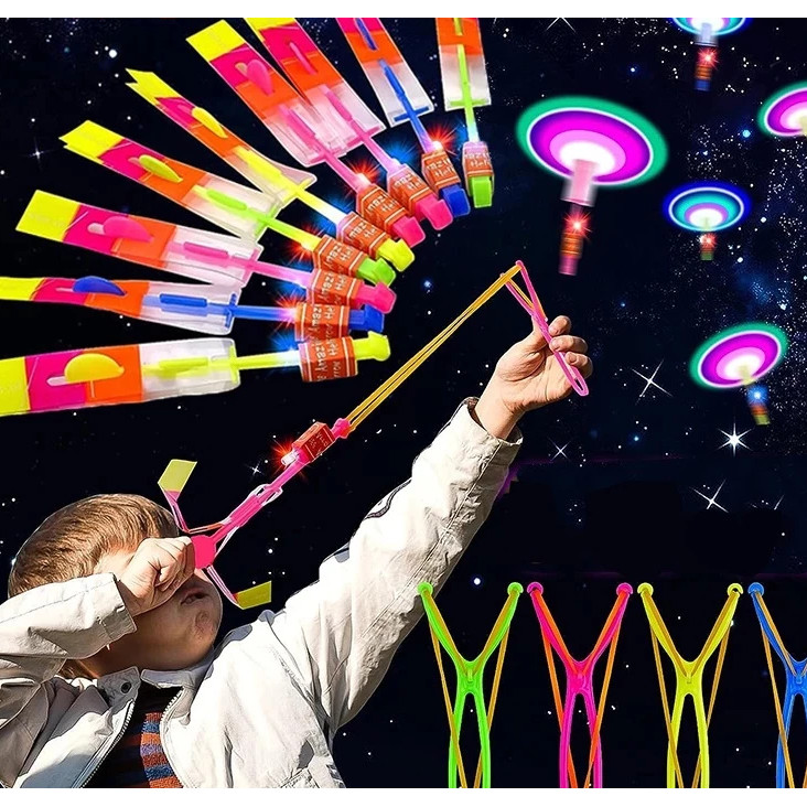 ของเล่น เฮลิคอปเตอร์ จรวด ลูกศรบิน มีไฟ LED ยางรัด เรืองแสงในที่มืด หมุนได้ สําหรับเด็ก