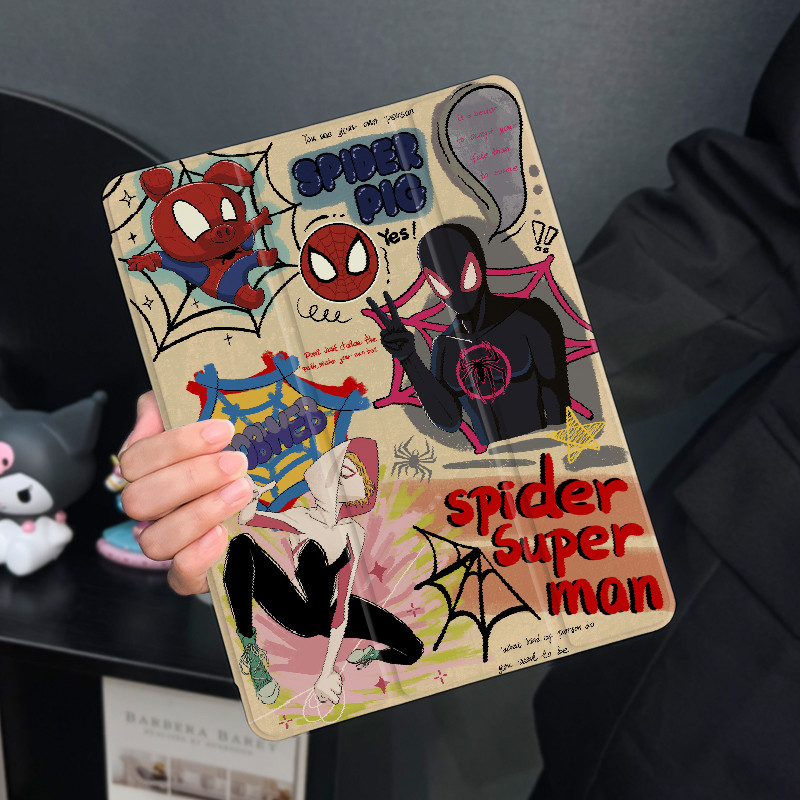 สําหรับ iPad Air 4 5 10.9 Air6 Spider Man Superman Pro11 ช่องเสียบปากกาเหมาะสําหรับ iPad gen9 8 7 10.2 พับสามโปร่งใส gen5/6/Air1/2 9.7 TPU ถุงลมนิรภัย Gen10 mini 6 7 แท็บเล็ตกรณี