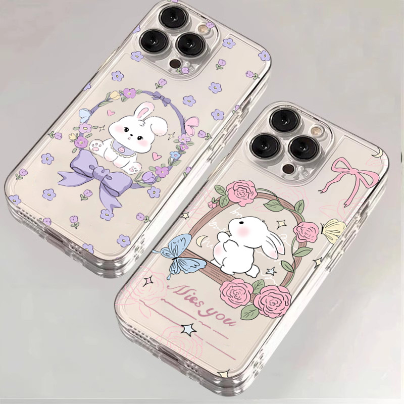 น่ารักสีม่วงกระต่ายโบว์สําหรับiphone 16 15 14 13 12 11 Pro Max XR X XS Max 16E 7 8 Plus SE2 Miniสีชมพูโบว์ดอกไม้กระต่ายใสกันกระแทกTPUนุ่ม