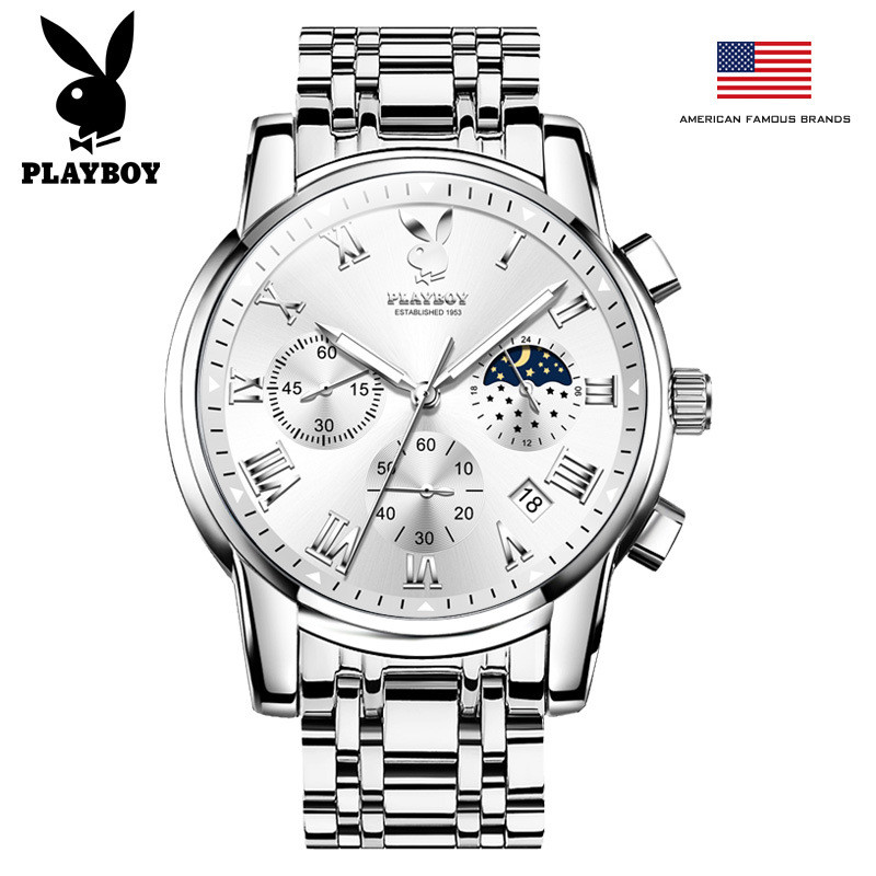 Playboy 3026 Simple Trend Quartz Hand Calendar Steel Band Waterproof Mens Watch (กล่องนาฬิกาเดิม)