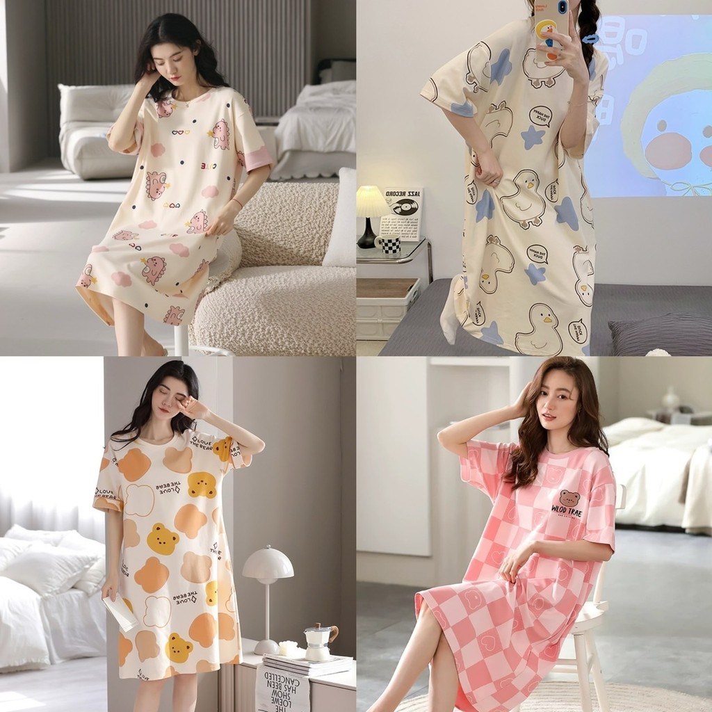 MKL พร้อมส่ง🔥ชุดนอนกระโปรงแขนสั้น เนื้อนุ่มใส่สบาย ลายการ์ตูนน่ารัก 🧸🔥🌈so cute ผ้าคอตตอล หลากสี #6007