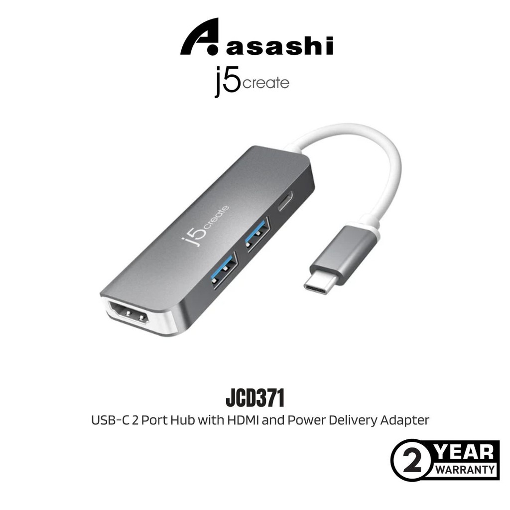 J5Create JCD371 ฮับ USB-C 2 พอร์ต พร้อมอะแดปเตอร์ HDMI และการจัดส่งไฟฟ้า