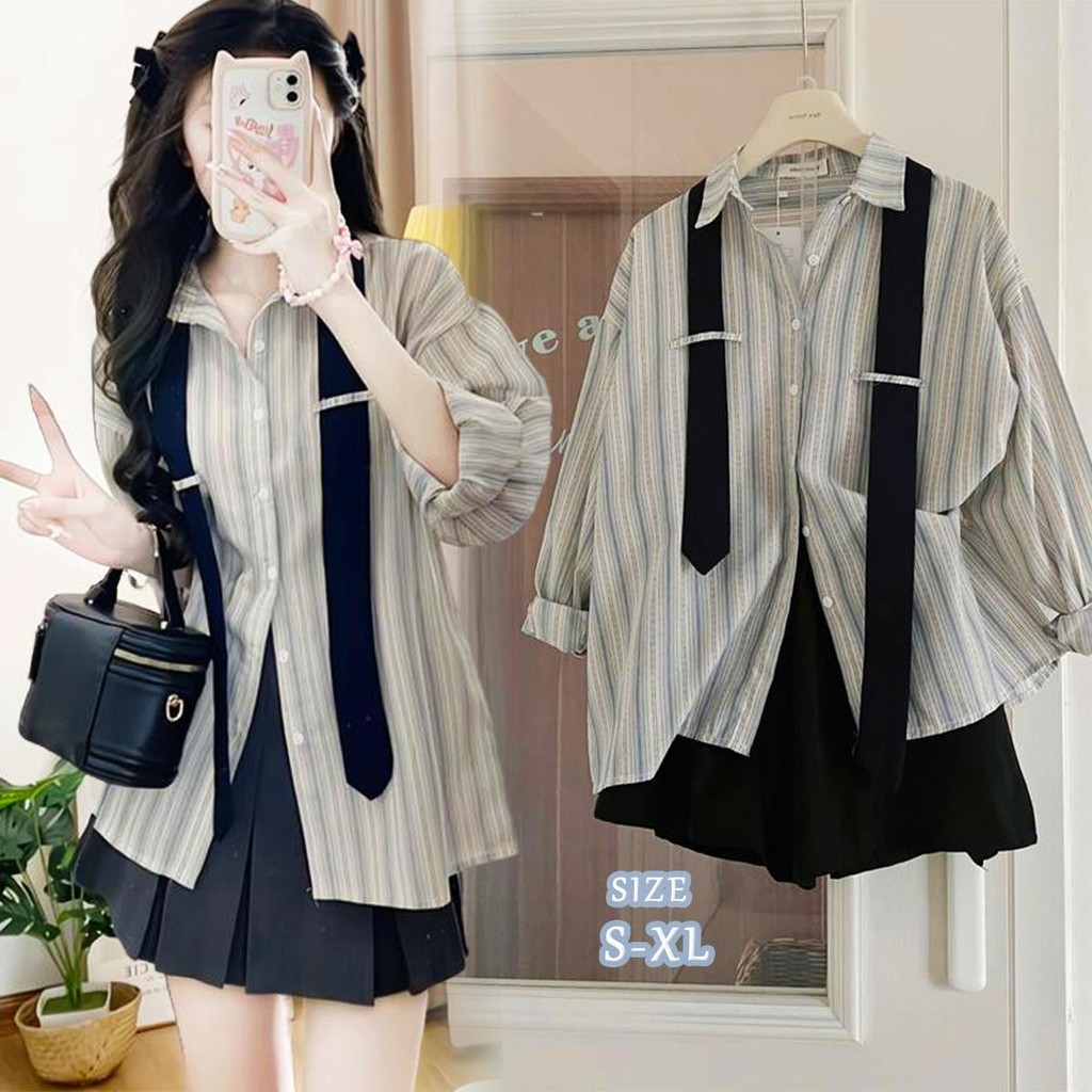 KOKO#เสื้อJKญี่ปุ่นน่ารัก เสื้อเชิ้ตผู้หญิงแขนยาวลายทางสีฟ้า เนื้อผ้าใส่สบาย ทรงหลวม ลายทาง#W556