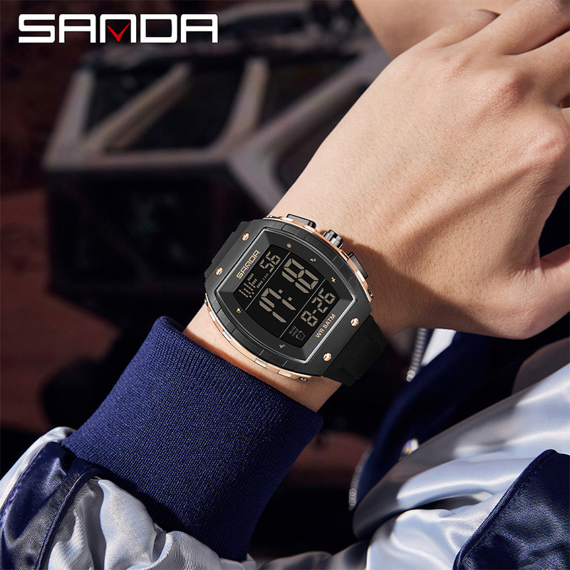 Sanda Wine Barrel นาฬิกาอิเล็กทรอนิกส์นาฬิกาปลุก Night Light กันน้ํา Multi functional นาฬิกาผู้ชาย SD6258-7