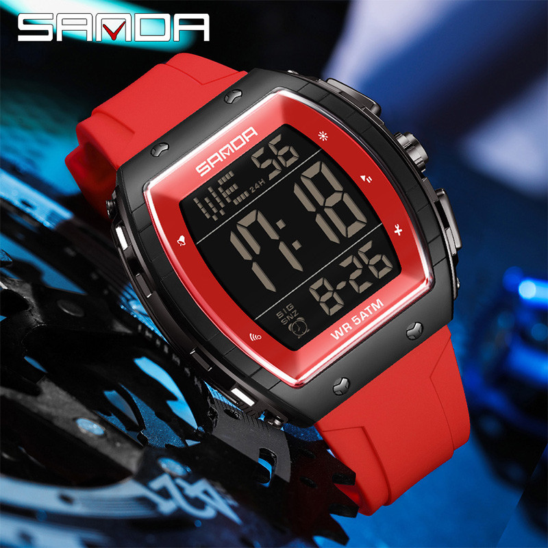Sanda Wine Barrel นาฬิกาอิเล็กทรอนิกส์นาฬิกาปลุก Night Light กันน้ํา Multi functional นาฬิกาผู้ชาย SD6258-7