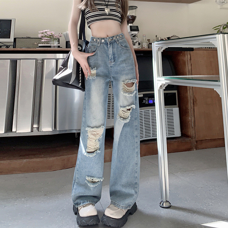 Solovely ผู้หญิง สไตล์เกาหลี กางเกงขายาว เอวสูง ขาตรง กางเกงขายาว สตรีทสไตล์ ขาด ยีนส์