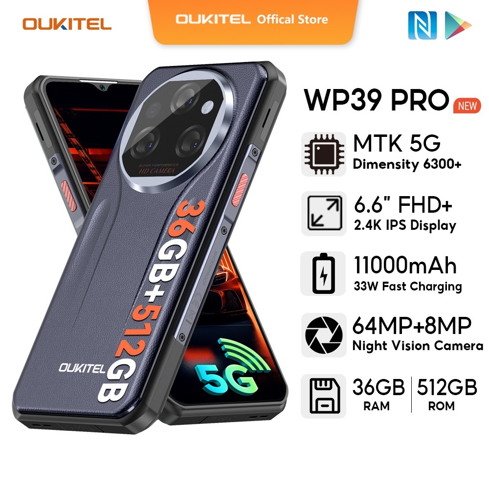 [สต็อกท้องถิ่น] OUKITEL WP39 PRO 5G โทรศัพท์มือถือ 36GB + 512GB 6.6 นิ้ว 2.4K จอแสดงผล 11000mAh 64MP + 8MP (กล้องมอง) + 2MP (กล้อง Macro) 14.9 มม. บางที่สุด Handphone NFC Nano Face ID Android 14