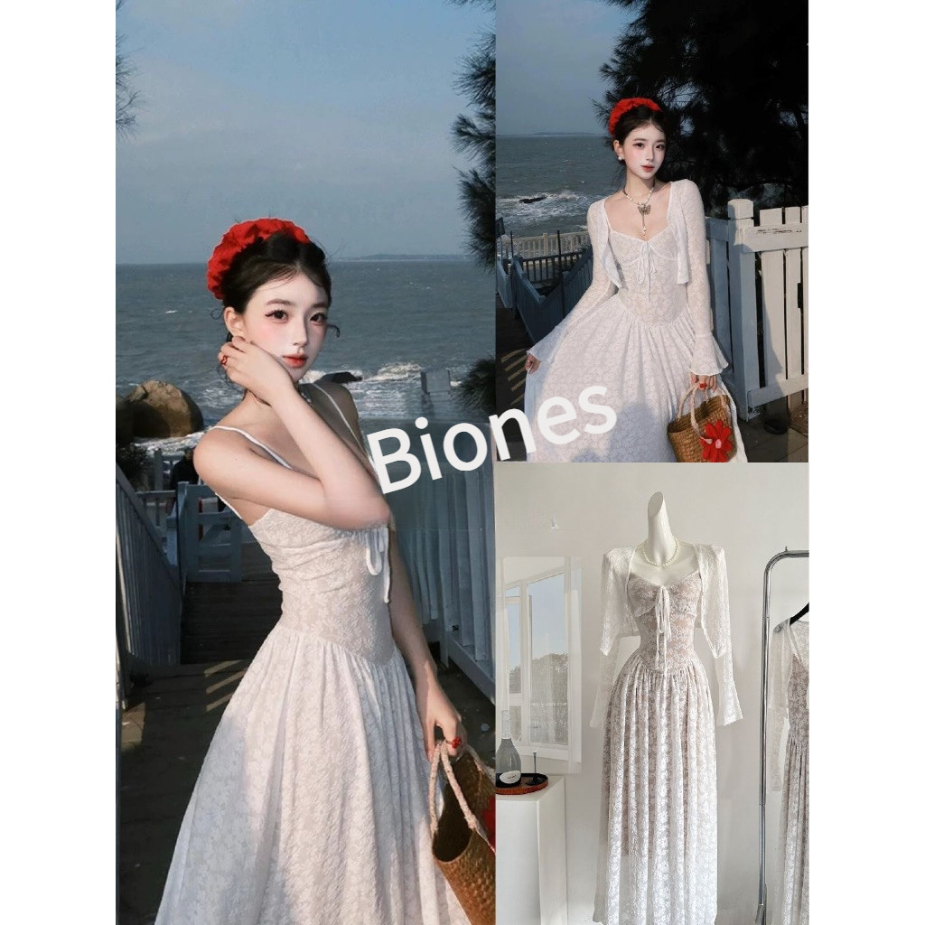 กระโปรง เสื้อ แมกซี่เดรสสายเดี่ยวลูกไม้สีขาว พร้อมเสื้อคลุมกระโปรง unigram กระโปรงสลิป 