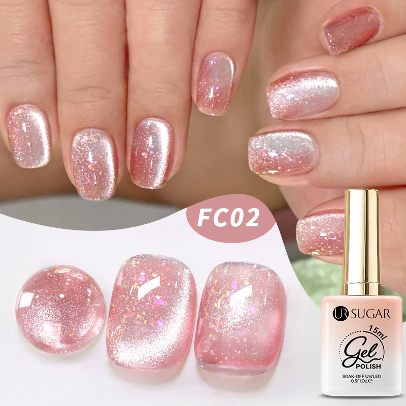Ur SUGAR 15ml สีชมพู Glitter Flakes Cat เจลแม่เหล็กพร้อม Cloud Silk Effect เล็บแต่งเล็บ Soak Off LED