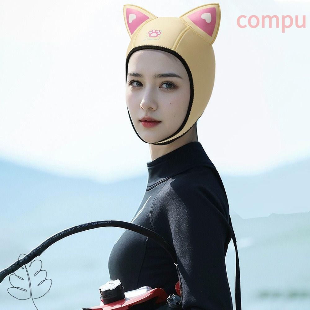 Compu หูแมวดําน้ํา Hood, 3 มม. Neoprene Wetsuit Hood Cap, กันน้ําพร้อมสายรัดคางครีมกันแดดว่ายน้ําหมวกดําน้ําดูปะการัง
