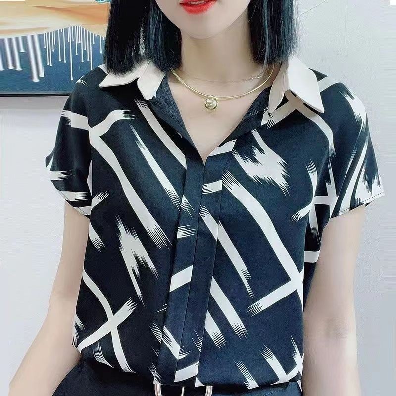 ชีฟองแขนสั้นผู้หญิงเสื้อด้านบนที่เรียบง่ายอเนกประสงค์หลวมคอวี
