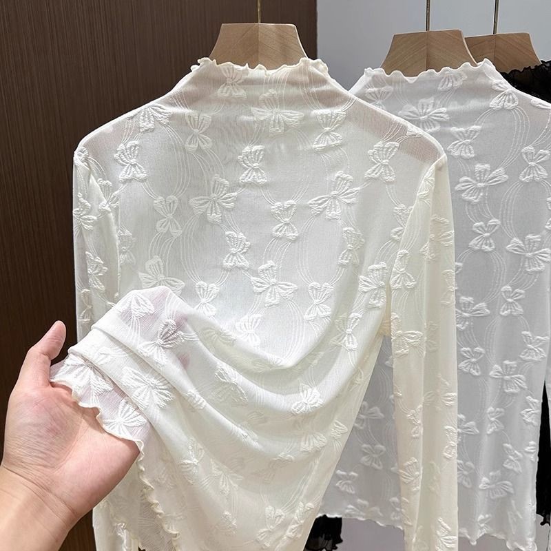 ซีทรูครึ่งคอเต่าลูกไม้ จุดต่ําสุด เสื้อผู้หญิงแขนยาวผ้าโปร่งด้านบน