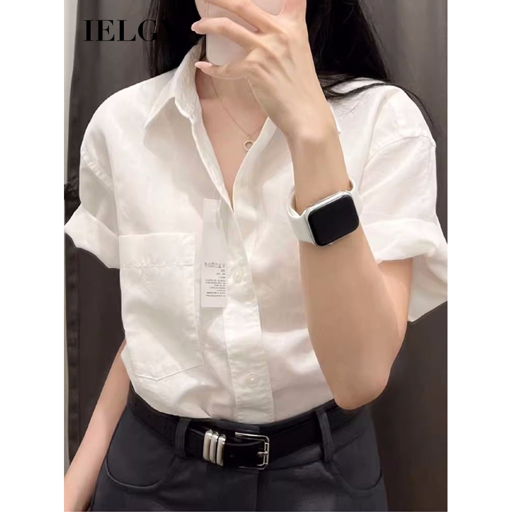 IELGY เสื้อเชิ้ตแขนสั้นสีขาวผู้หญิงลําลองอเนกประสงค์สื่อสารหลวมด้านบน