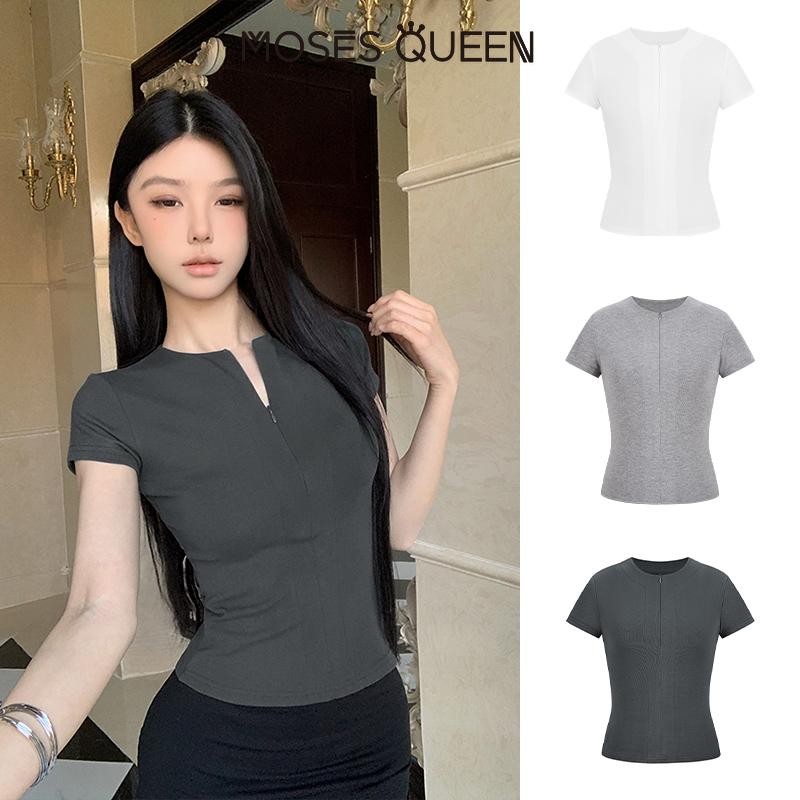 < MOSESQUEEN > ฤดูร้อนใหม่ Slim ที่มองไม่เห็นซิปออกแบบสีทึบ Joker ผ้าฝ้ายแขนสั้นเสื้อยืดเสื้อ #62880