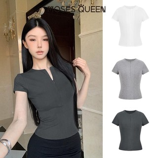 < MOSESQUEEN > ฤดูร้อนใหม่ Slim ที่มองไม่เห็นซิปออกแบบสีทึบ Joker ผ้าฝ้ายแขนสั้นเสื้อยืดเสื้อ #62880