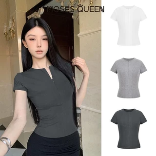 < MOSESQUEEN > ฤดูร้อนใหม่ Slim ที่มองไม่เห็นซิปออกแบบสีทึบ Joker ผ้าฝ้ายแขนสั้นเสื้อยืดเสื้อ #62880