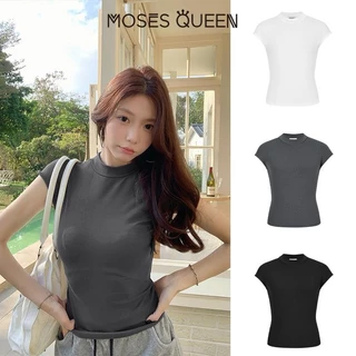 MOSESQUEEN สหรัฐอเมริกาโบราณครึ่งคอสูงเสื้อยืดแขนเล็กๆในฤดูใบไม้ผลิเสื้อยืดใหม่ที่มีเสื้อสั้นสาวฮอต# 62872