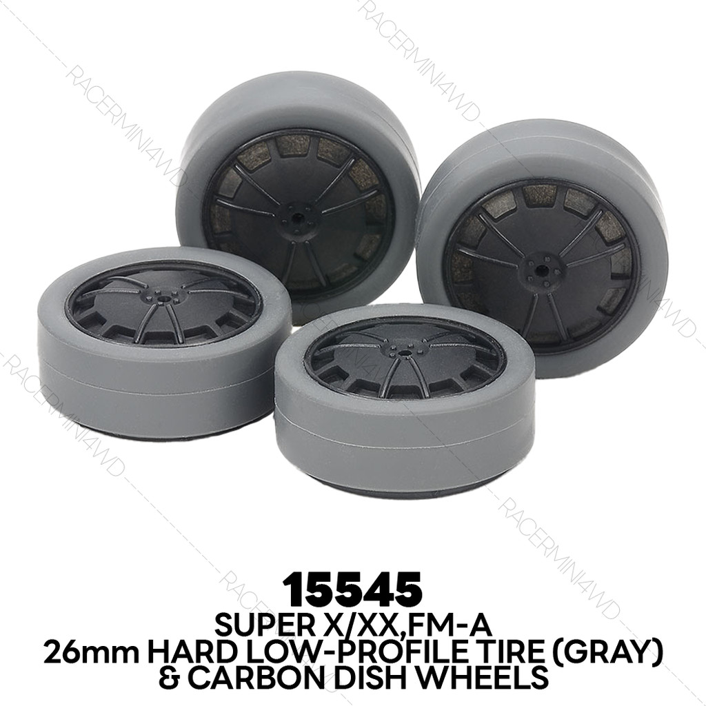 TAMIYA 15545 Super X/XX 26mm Hard Low-Profile Tires (Gray) & Carbon Wheels (Dish)