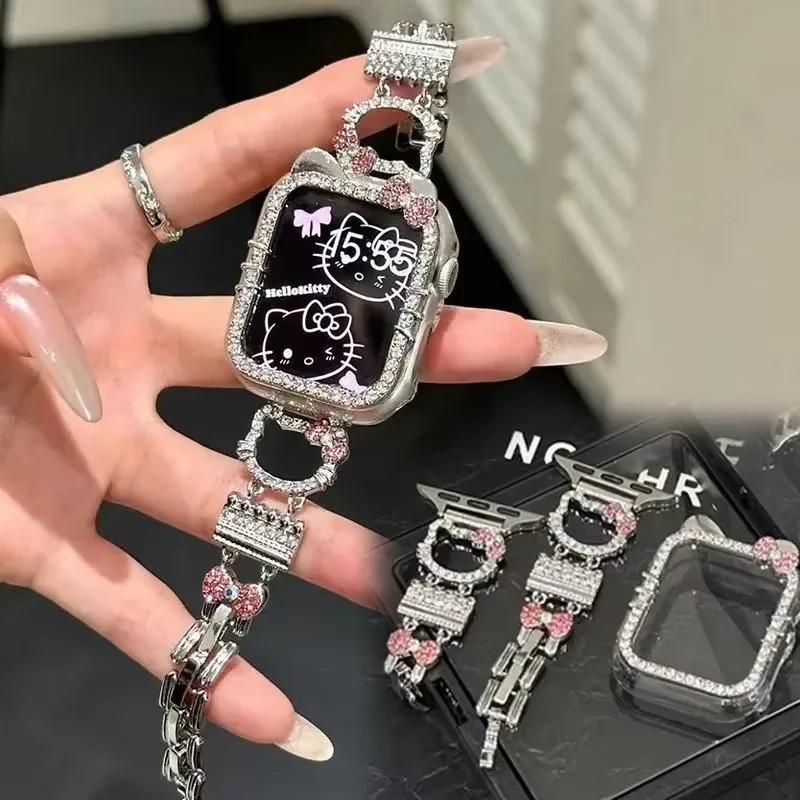 Hello Kitty สําหรับ A-Pple สายนาฬิกา + กรณีนาฬิกาโลหะนาฬิกาน่ารัก A-Pple Iwatch S11 10 9 8 7 6 5 4 SE 3 Ultra 1 2 3 สายเกราะป้องกัน