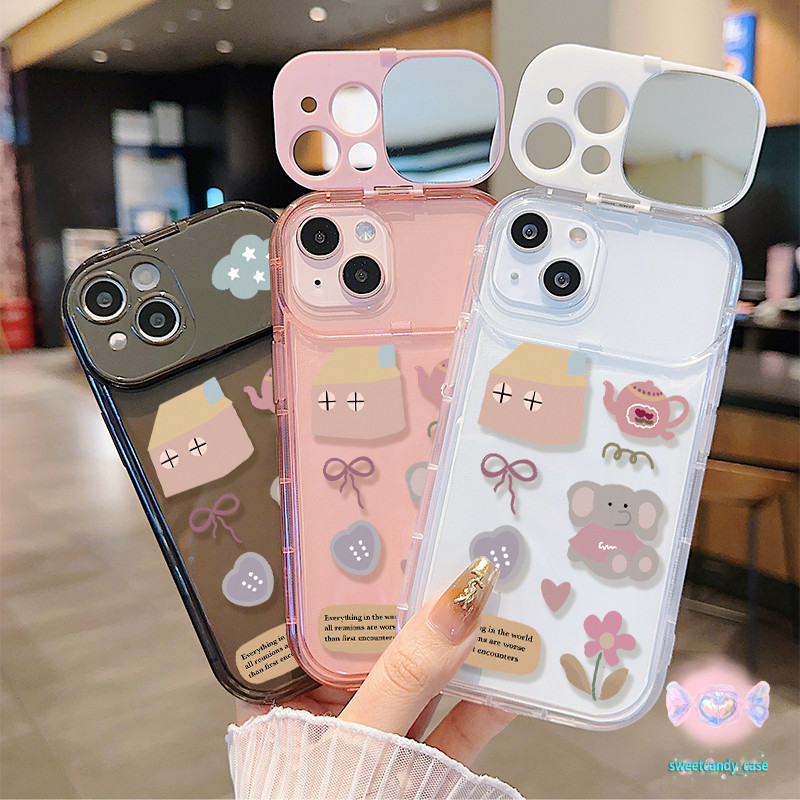 จัดส่งในพื้นที่ เคสกระจกแต่งหน้า ช้างทารกและดอกไม้ สําหรับ IPhone 16 15 14 13 7 8plus Pro Promax XR XS