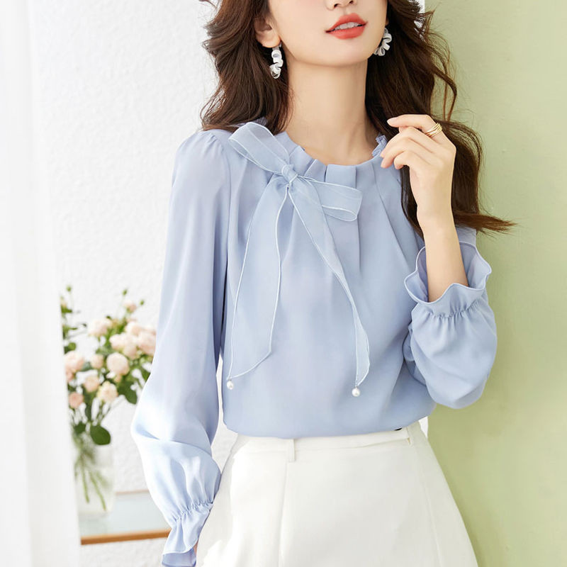 เสื้อเชิ้ตแขนยาว ผ้าชีฟอง ประดับโบว์ สไตล์เกาหลี สําหรับผู้หญิง