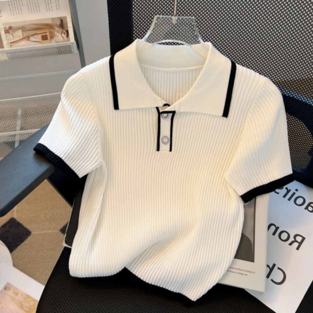 เสื้อโปโลแขนสั้น ผ้าถัก เข้ารูป อเนกประสงค์ สีคอนทราสต์ สําหรับผู้หญิง