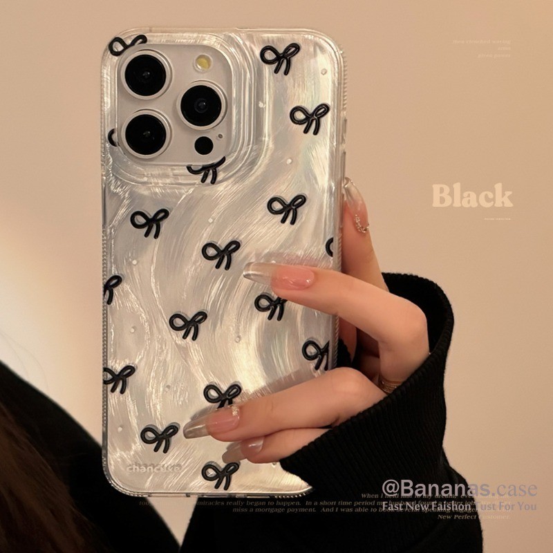 เคสโทรศัพท์มือถือ แบบนิ่ม ลายโบว์ สีดํา สําหรับ iPhone 15 14 13 12 11 Pro Max X Xr Xs Max 7 8 Plus SE2020