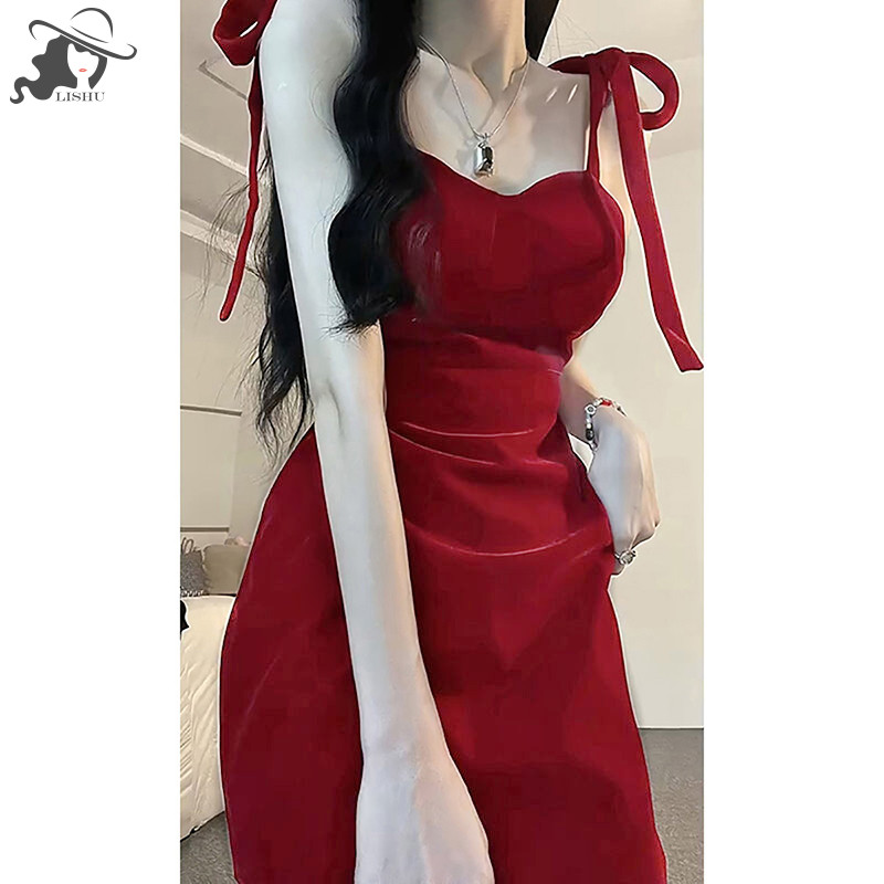 Lisu เกาหลีวินเทจเปลือยสีแดงชุดลําลองผู ้ หญิง Elegant Suspender Mini Dress th