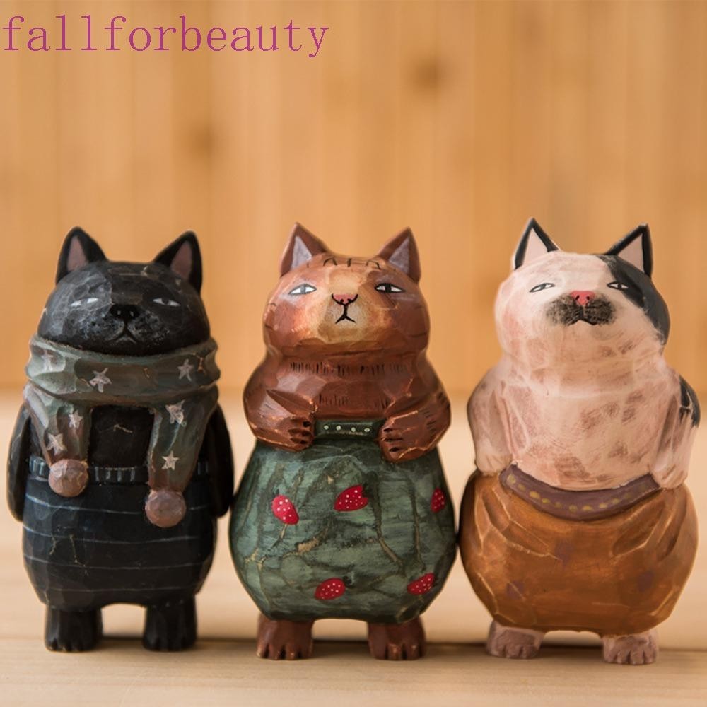 Fallforbeauty ประติมากรรมไม้แกะสลัก รูปการ์ตูนแมวน่ารัก แฮนด์เมด ขนาดเล็ก สําหรับตกแต่งโต๊ะ