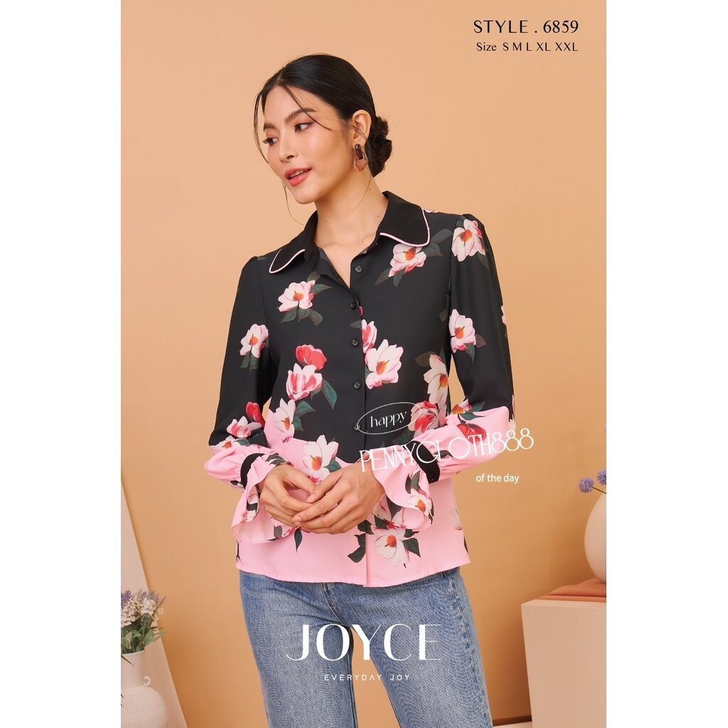 6859 เสื้อเชิ้ตแขนยาว ผ้าจอร์เจียพิมพ์ลายดอกไม้ แบบ placement ที่เชิงชายเสื้อ ไม่มีซับใน อก 36-44"
