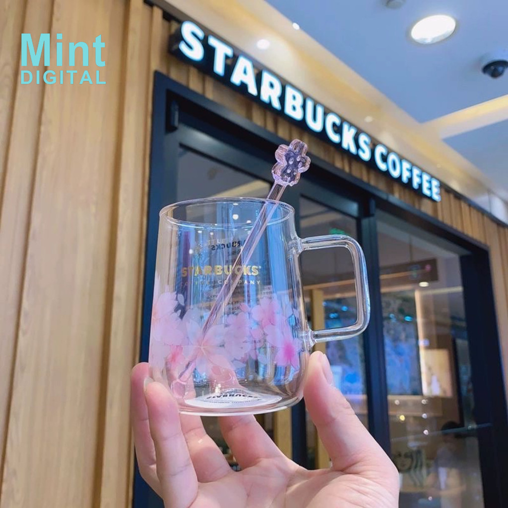 Starbucks แก้วกาแฟ ลายดอกซากุระ พร้อมหูจับ สีชมพู 355 มล.