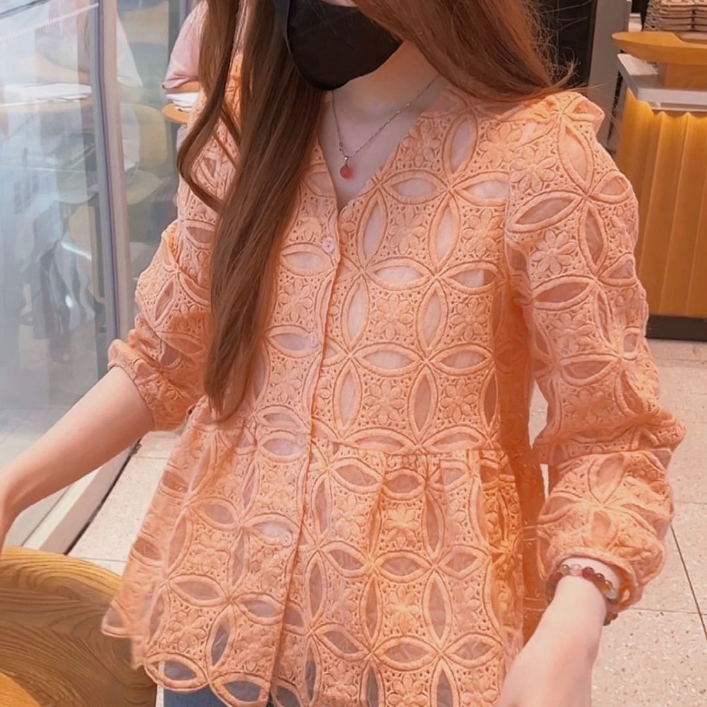เสื้อเชิ้ต ปักลายลูกไม้ แต่งระบาย สําหรับผู้หญิง