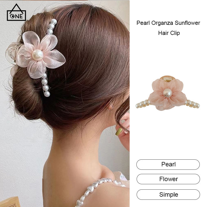 COD เพิร์ล Organza Sunflower Hair Clip ร้อยคลิปขากรรไกรคลิปปลาฉลามง่ายสำหรับสุภาพสตรี-a.one