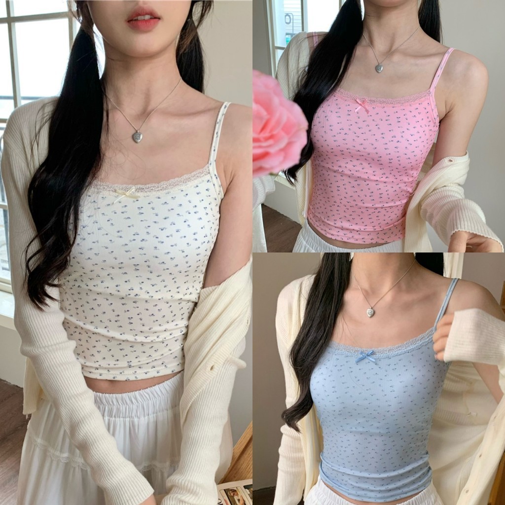 Soroh เสื้อกล้ามผู้หญิง โบว์ลูกไม้ ลายดอกไม้ มีฟองน้ำ เสื้อไปทะเล น่ารักและหวาน #XP9094