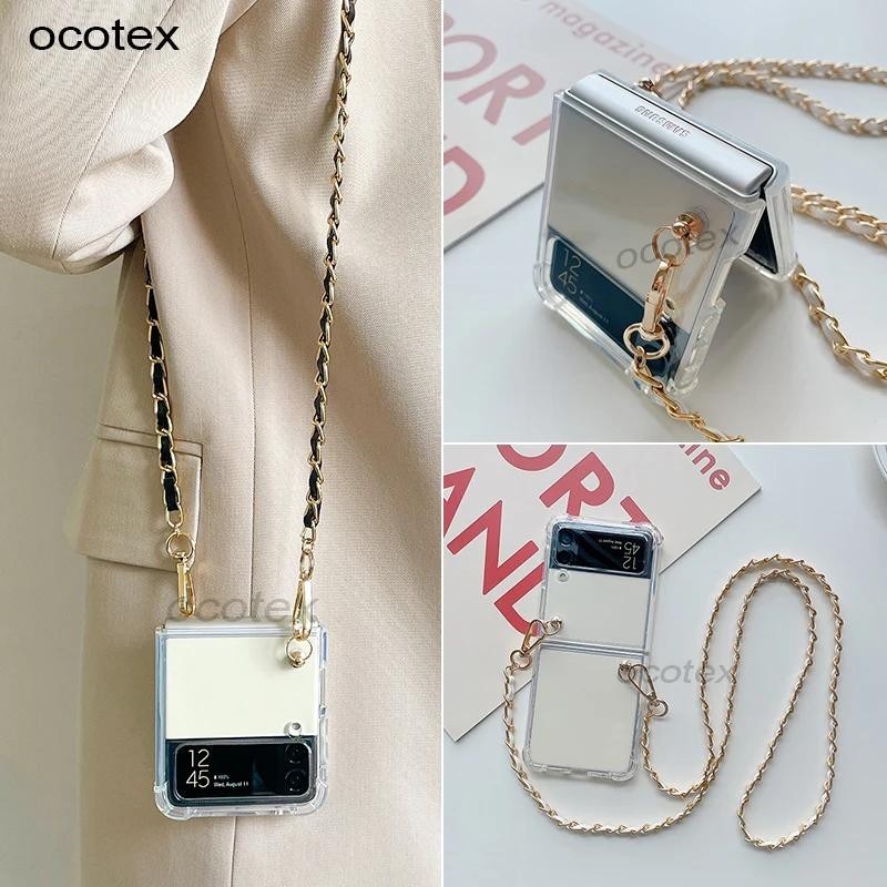 เคสโทรศัพท์มือถือ TPU แบบใส กันกระแทก พร้อมสายโซ่คล้องยาว สะพายข้าง สําหรับ Samsung Z Flip 4G 6 5 4 3 5G