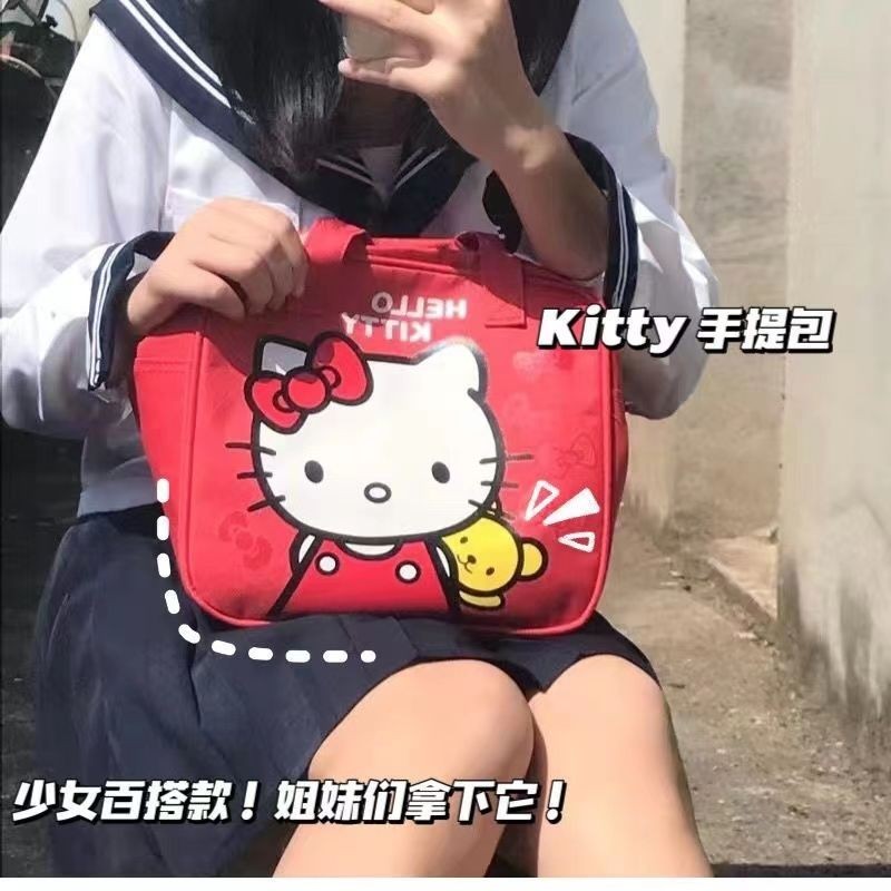กระเป๋าถือ กระเป๋าเครื่องสําอาง ผ้าแคนวาส ลายการ์ตูน Hello Kitty น่ารัก ขนาดใหญ่ สําหรับผู้หญิง
