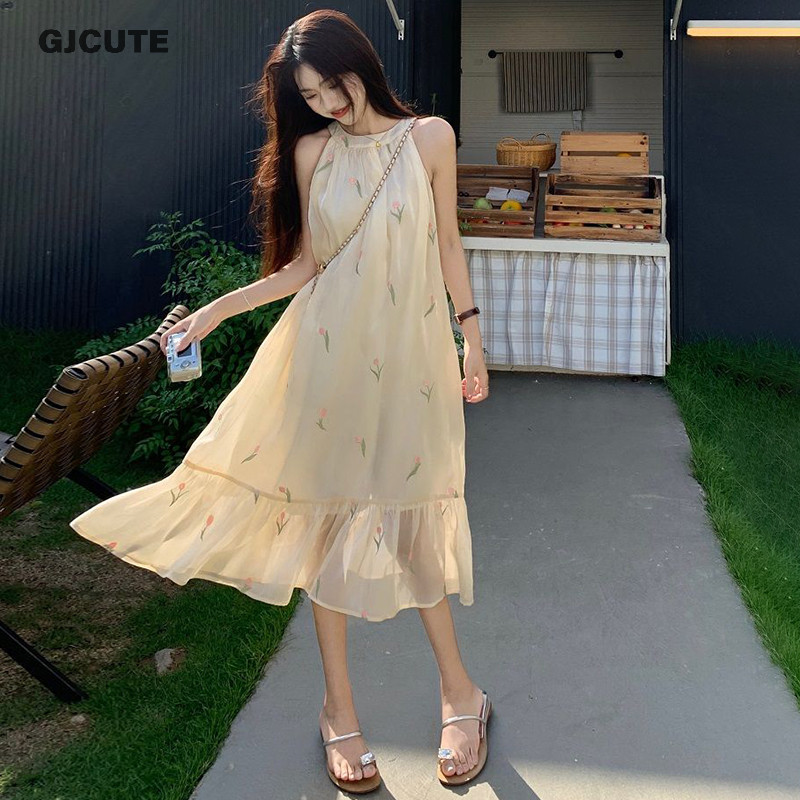 Gjcute ชุดเดรสลําลอง ลายดอกไม้ สองชั้น สําหรับผู้หญิง