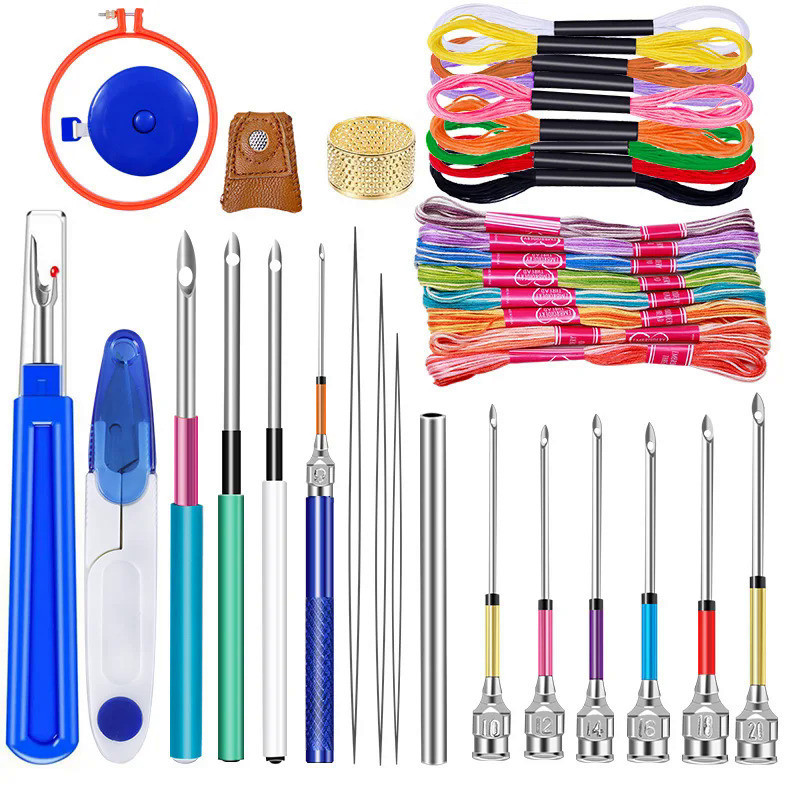 KRABALL 41pcs Needle Punch Kit Full Set-Magic Cross stitch Pen With Punch Needle Big Seam Ripper Thimble and Embroidery