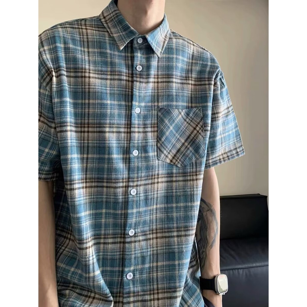 เทรนด์ญี่ปุ่นย้อนยุคเสื้อเชิ้ตแขนสั้นลายสก๊อตสไตล์ฮาราจูกุฤดูร้อนใหม่หลวมสบายๆอเนกประสงค์ครึ่งแขนเสื้อปกเสื้อผ้าผู้ชาย – โปรปัง