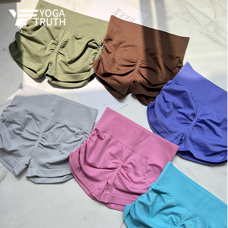 【 Yogatruth 】 กางเกงขาสั ้ นกีฬา Ribbed Side Pleated Quick Drying Gym Cycling