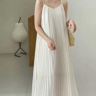 ชุดเดรสมินิมอล กระโปรงยาว สายเดี่ยว เกาหลี