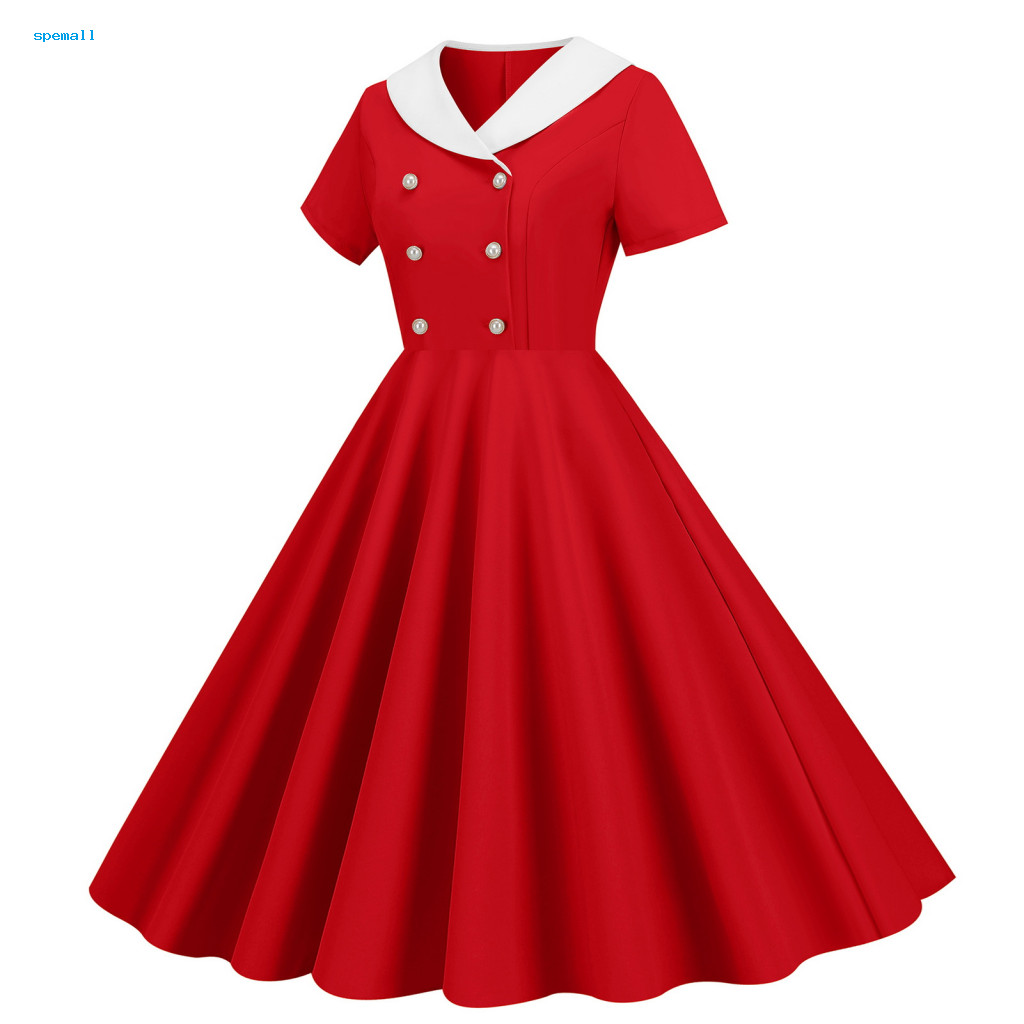 <spemall> เดรสทรงเอ Charming Feminine Silhouette Dress Vintage 50s A-line Party Dress with V Neck an