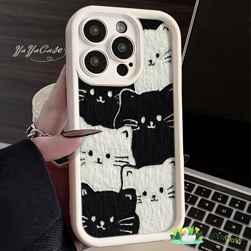 สำหรับ iPhone11 13 Case FOR เคสไอโฟน14 15 12 pro max 6 7 8 14 15 Plus X XR XS Max ลูกแมวสีดำและสีขาวขั้นสูง TPU SOFTเคส