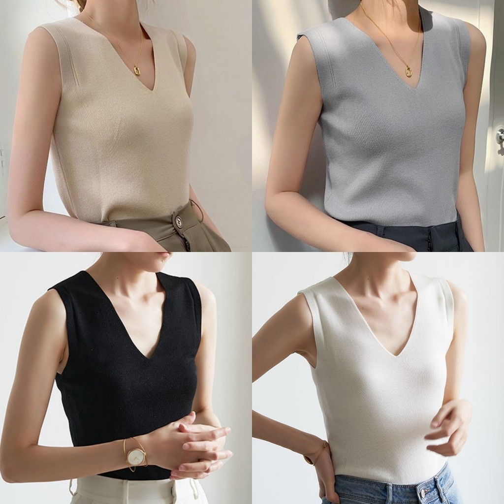 SuySuy พร้อมส่ง เสื้อ ผ้าแฟชั่น แขนกุด คอวี ผ้าไหมพรม ผ้านิ่มยืดได้เยอะ สีพื้น แมทช์ได้หลายลุค