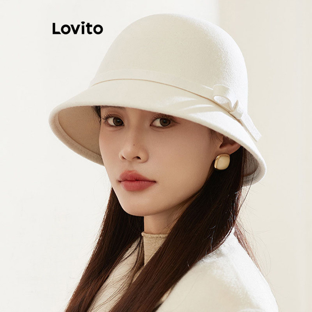 Lovito หมวกผู้หญิง ผ้าขนสัตว์ แนวอังกฤษย้อนยุค สีเรียบ สไตล์หรูหรา LFA22345